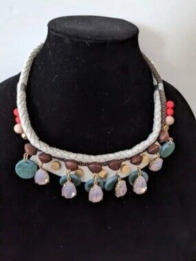 J.CREW Leather Cord Braided White/Blue Pink Iridescent Beaded Necklace NWT $118